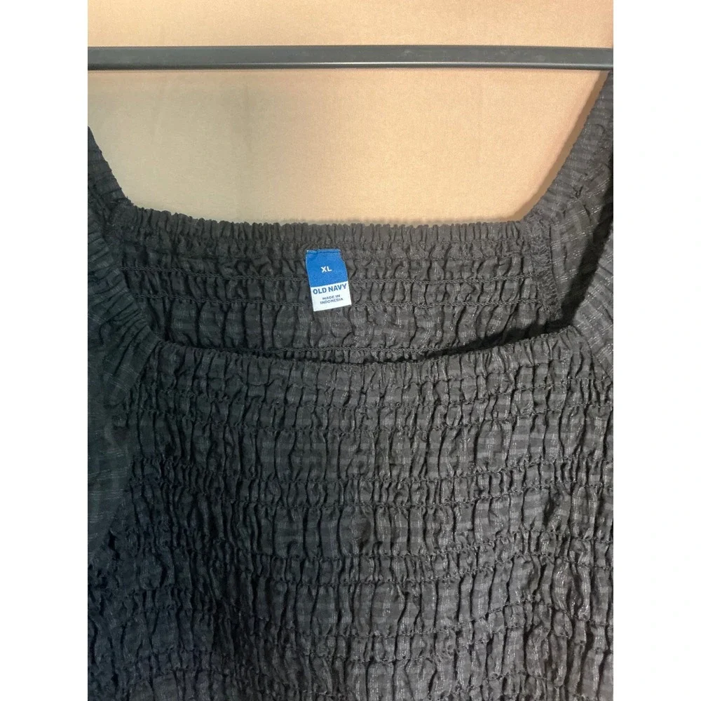 Old Navy Smocked Puff Sleeve Top Women XL Black NEW Gingham Square Neck Ruffle